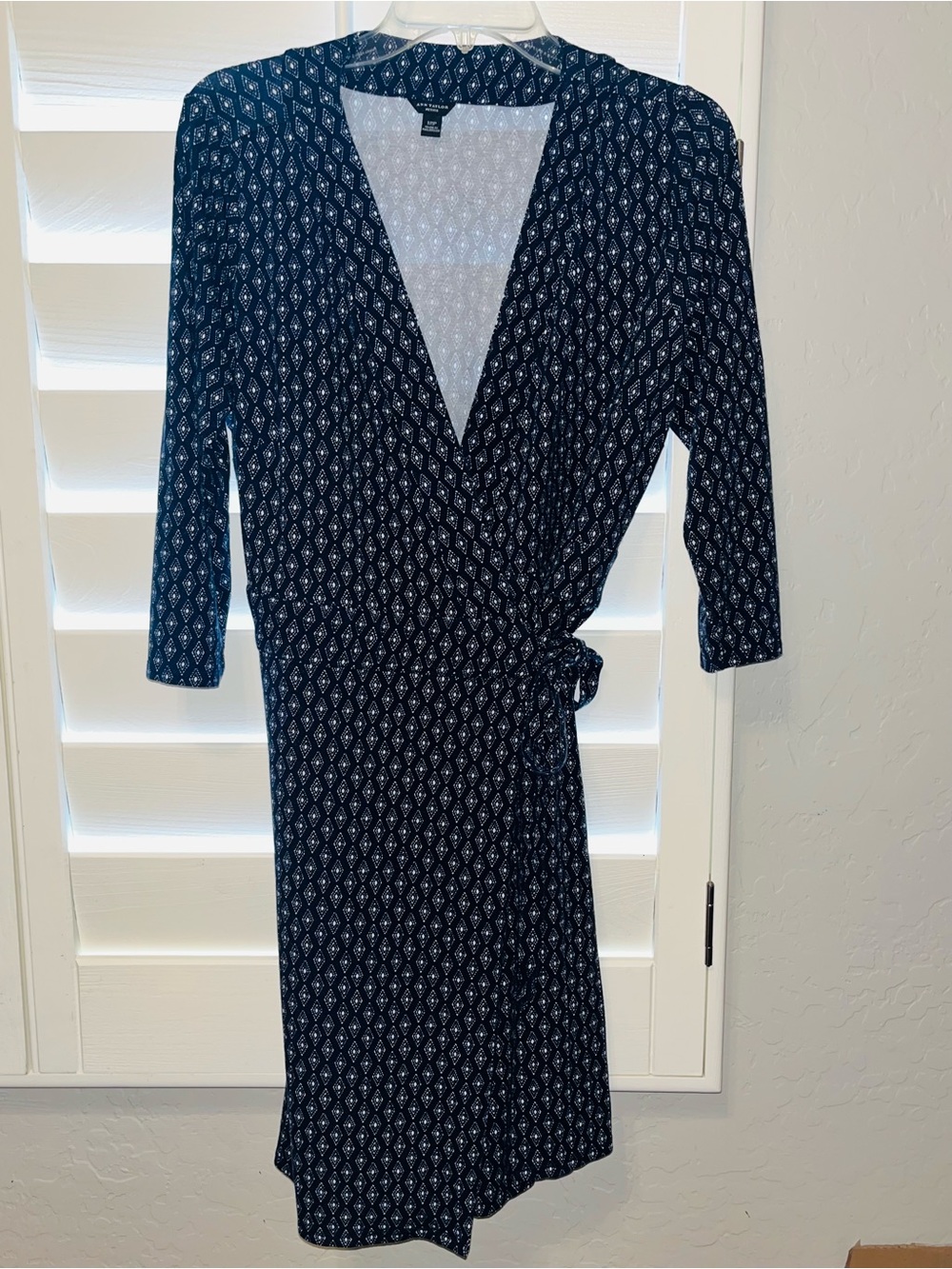 Ann Taylor Navy Wrap Dress with White Geometric Motif